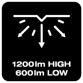 Up to 1200lm (high) & 600lm (low)