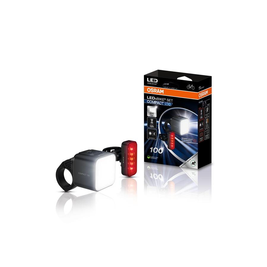 Set Luci Bici OSRAM LEDsBIKE COMPACT 100, Anteriore 100 Lux E Posteriore Con Luce Stop, Omologato StVZO, Ricaricabile USB-C